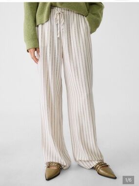 Stradivarius Cream Striped Wide-Leg Drawstring Pants